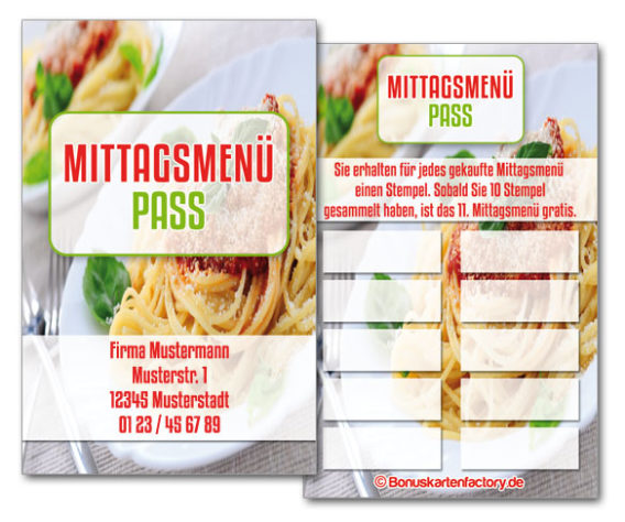 Bonuskarten Mittagsmenü-Pass INDIVIDUELL inklusive Firmenaufdruck und Wunschtext